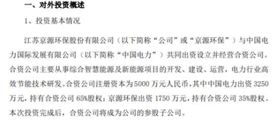 京源環(huán)保投資1750萬元設立合資公司 加碼電力行業(yè)高效節(jié)能技術研發(fā)